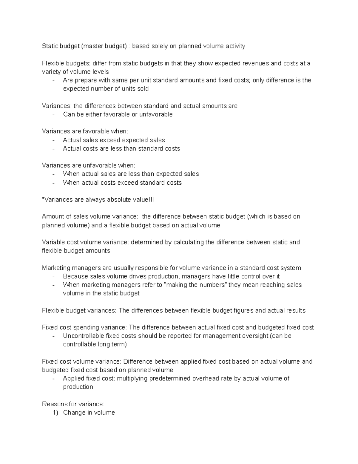 Managerial Chapter 8 - Static Budget (master Budget) : Based Solely On ...