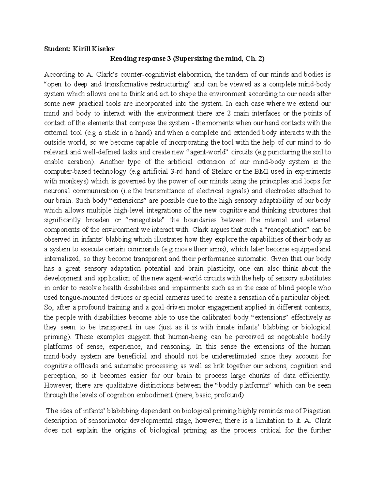 Reading response 3 - Student: Kirill Kiselev Reading response 3 ...