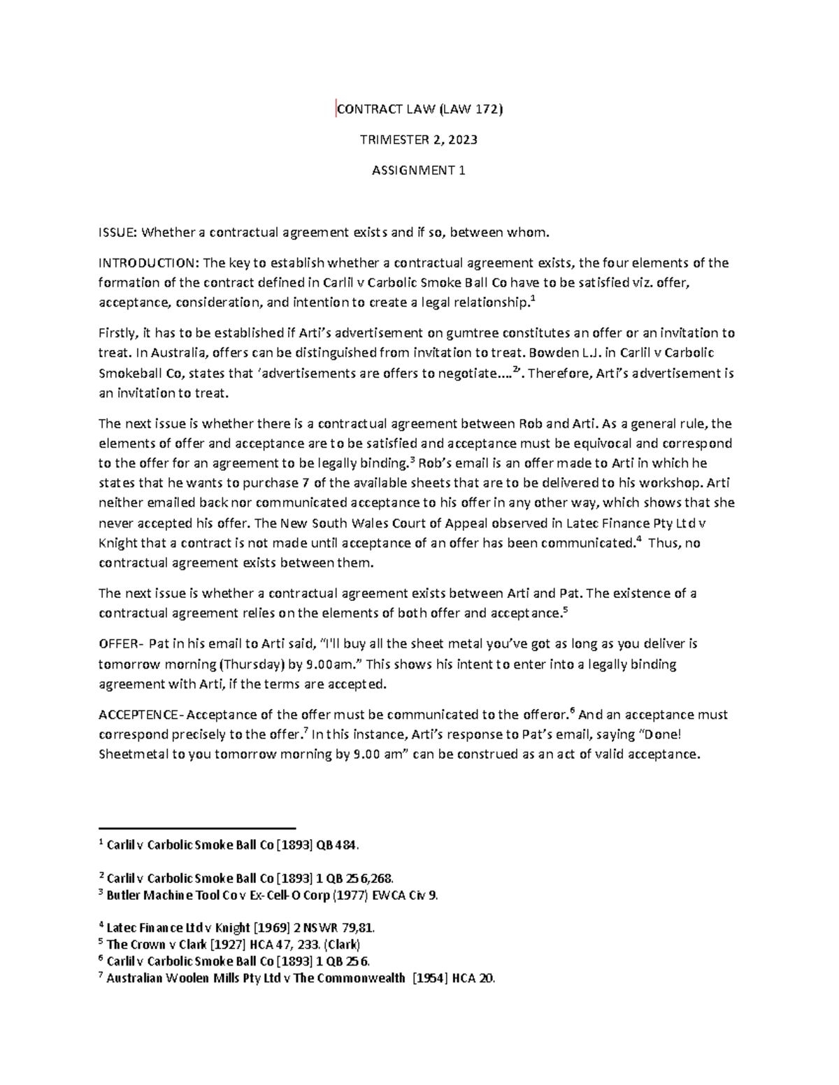 Assignment 1 contract law - CONTRACT LAW (LAW 172) TRIMESTER 2, 2023 ...