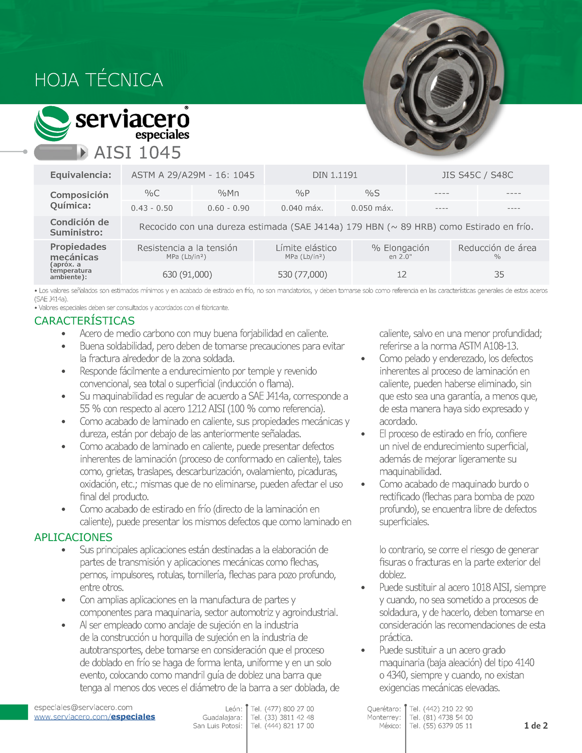 Ficha Tecnica Acero AISI 1045 - CARACTERÍSTICAS HOJA TÉCNICA 1 De 2 ...