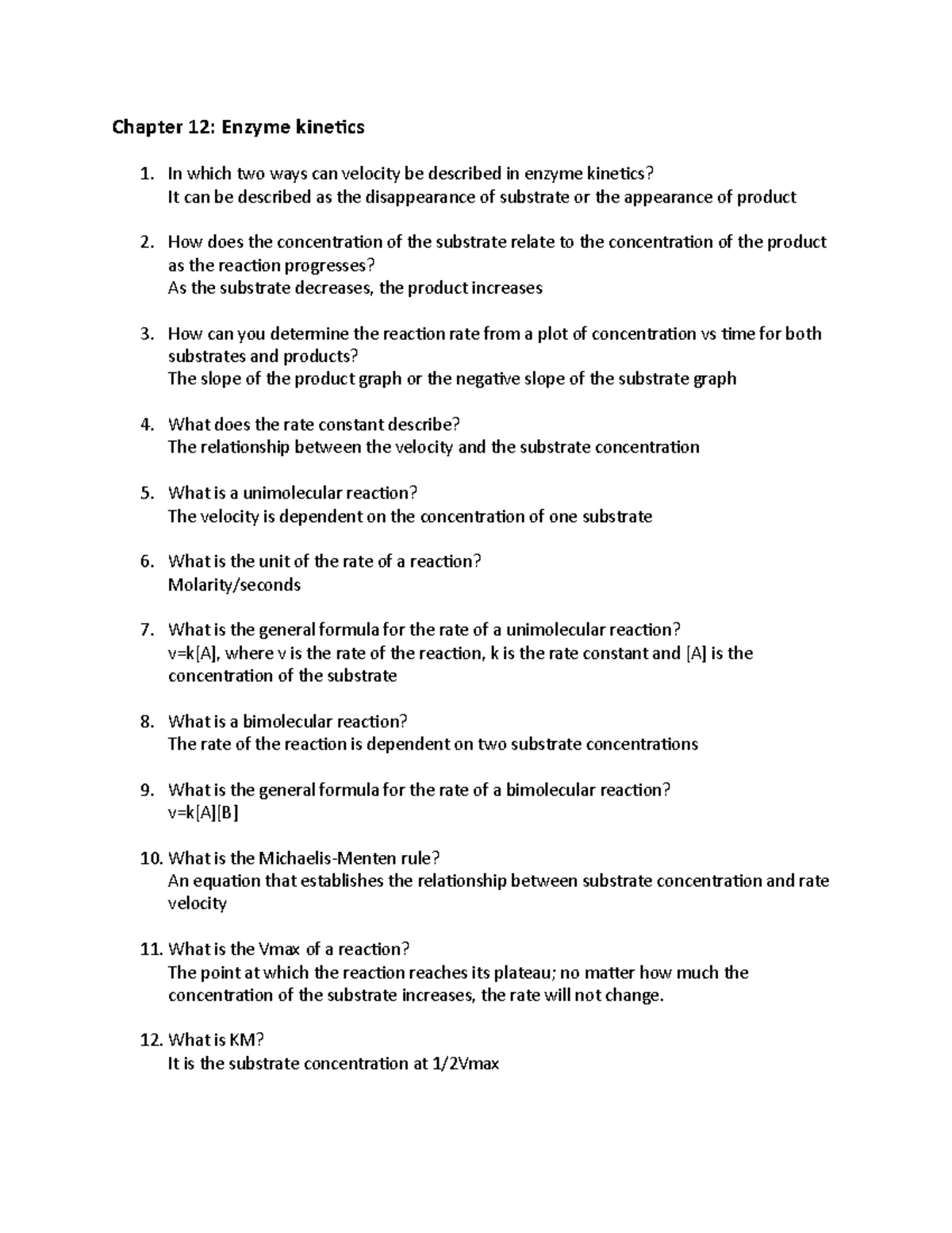 Practice Questions (Biochem Ch. 12) Chapter 12 Enzyme In