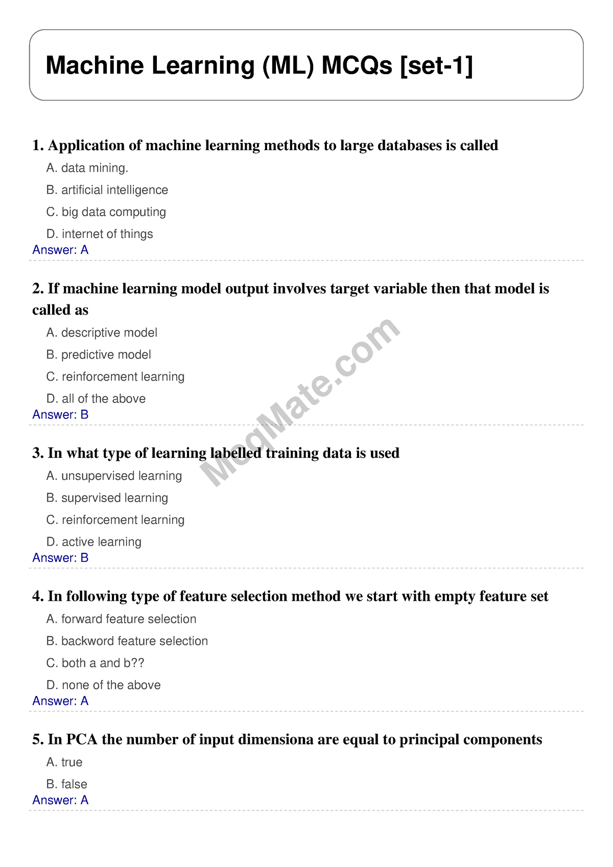 Machine Learning (ML) Solved MCQs [set-1] Mcq Mate.com - McqMate ...