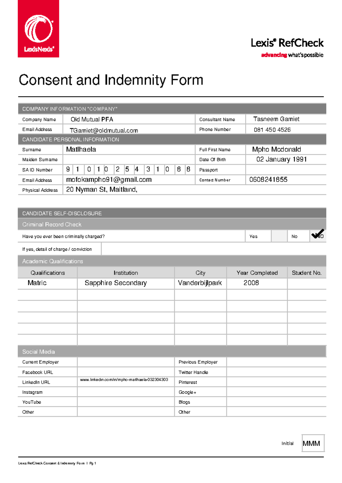 Consent and Indemnity Form - Tasneem Gamiet (1) - Consent and Indemnity ...
