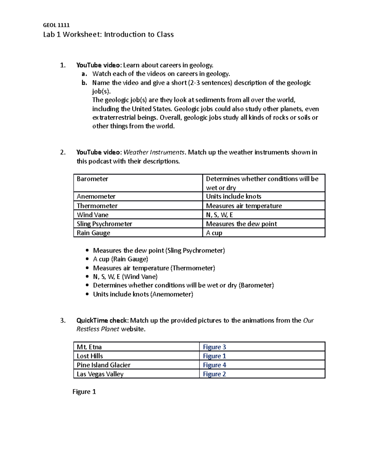 GEOL-1111-10 Lab #1 ( Completed) - GEOL 1111 Lab 1 Worksheet ...