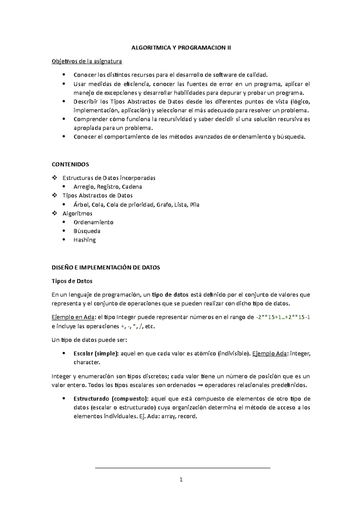 Algoritmica y Programación II - ALGORITMICA Y PROGRAMACION II Objetivos ...