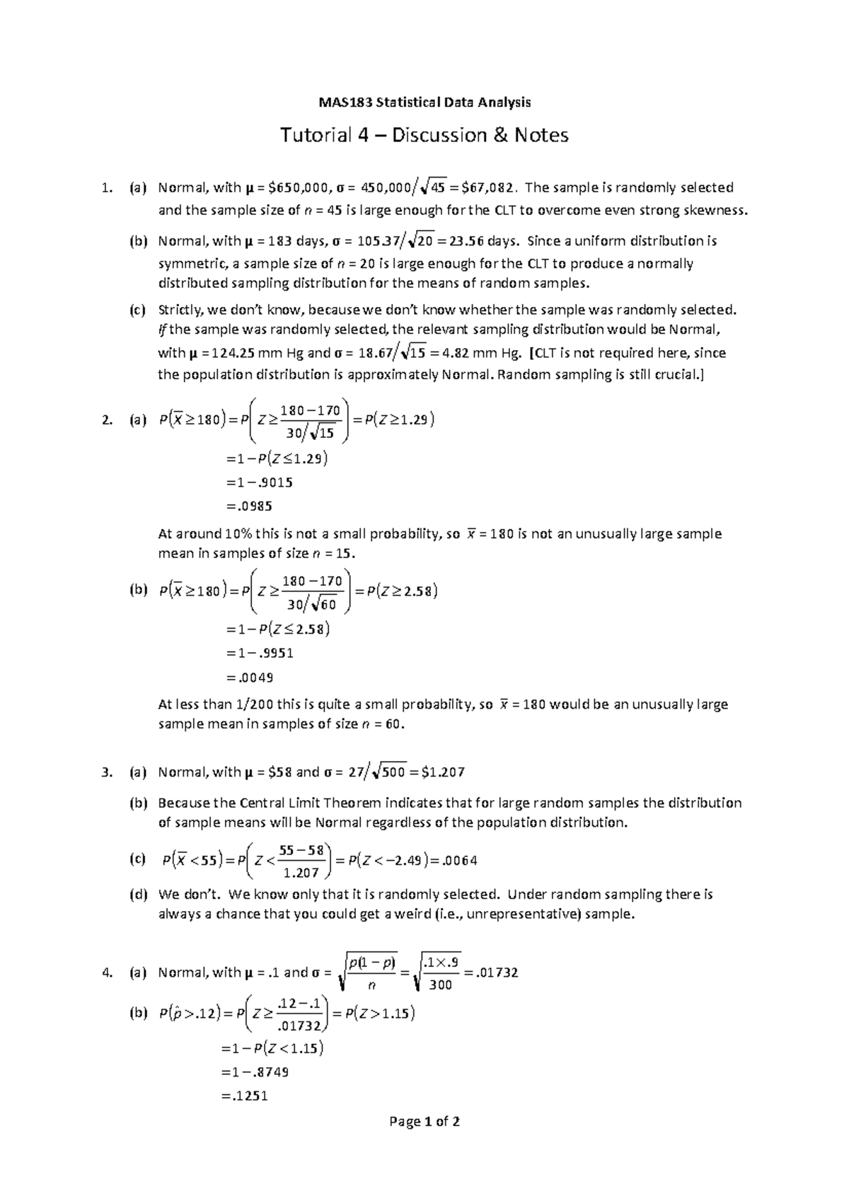 Tut 4 notes - Tute 4 answers - Page 1 of 2 ( ) ( ) ( ) . 0985 1. 9015 1 ...