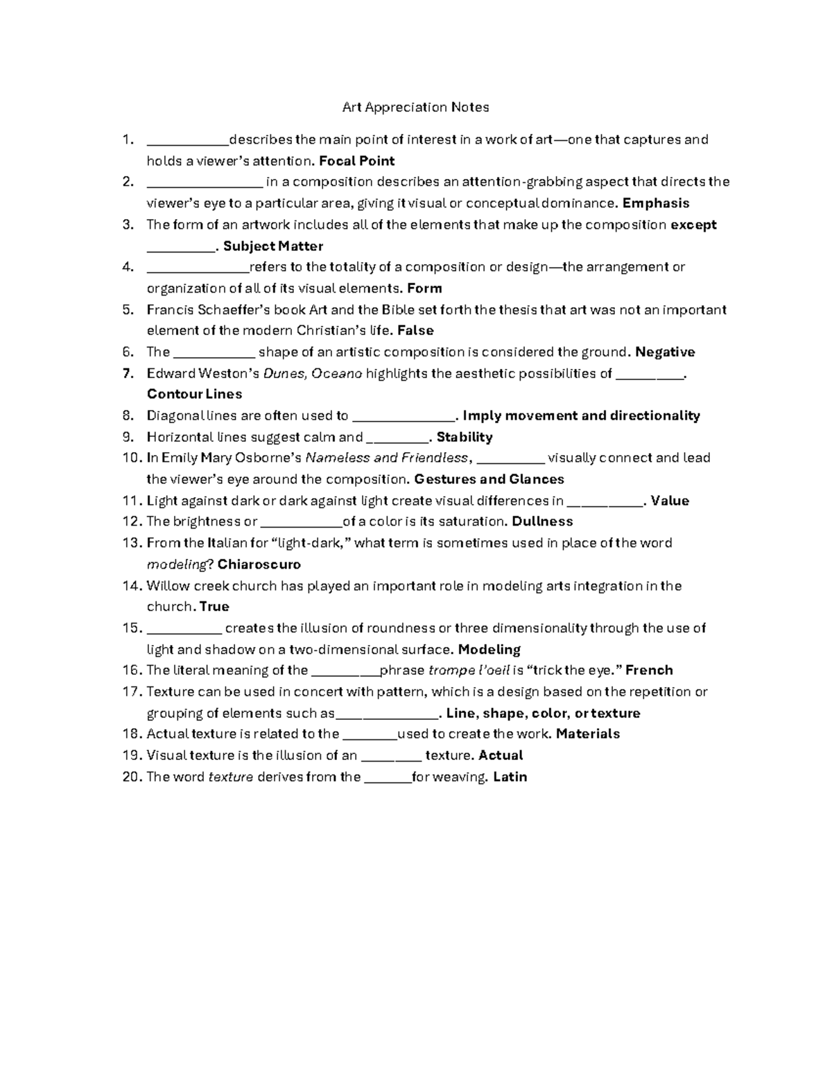 Art Appreciation Notes - Art Appreciation Notes ____________describes ...