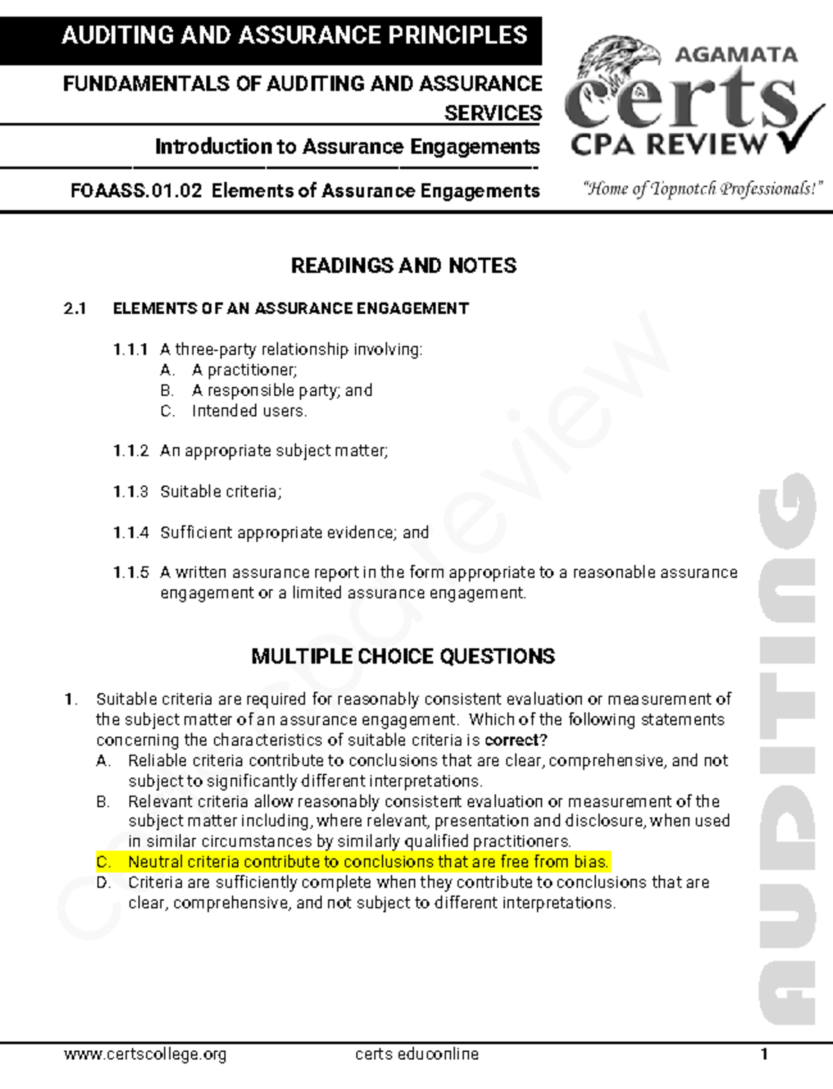 Elements of Assurance engagement - certscollege certs educonline 1 ...