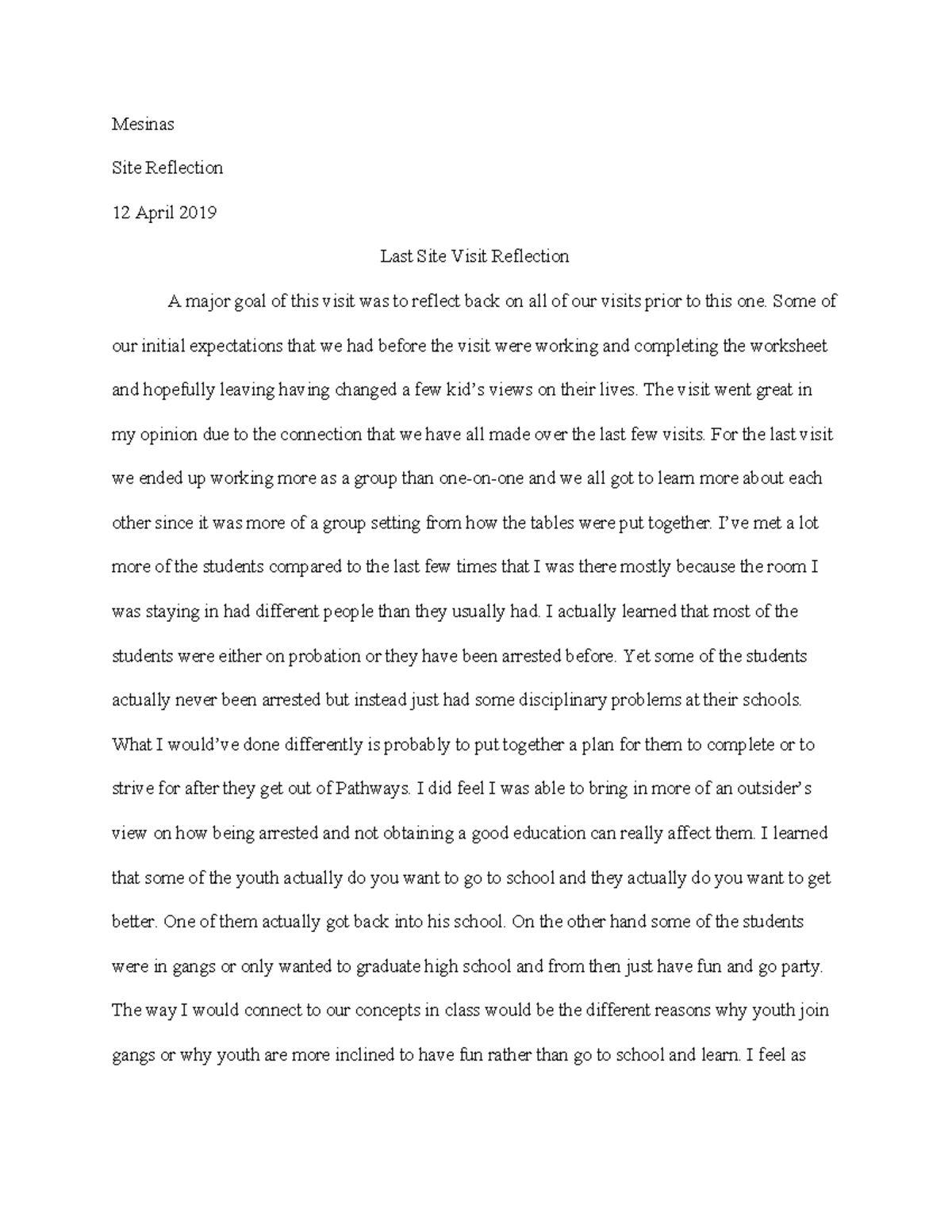 Last site visit reflection - Mesinas Site Reflection 12 April 2019 Last ...