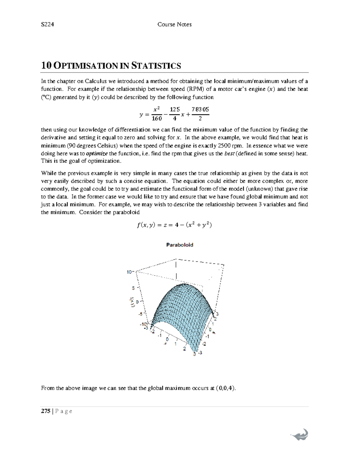 Chapter 10 - statistsics course notes - 10 O PTIMISATION IN STATISTICS ...