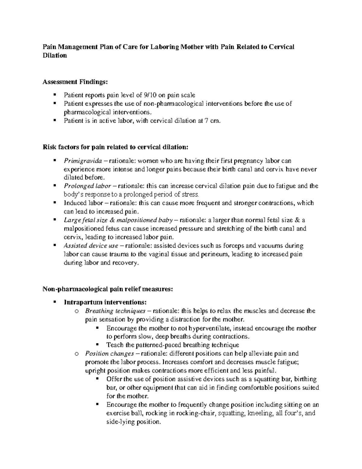 Pain management activity - Pain Management Plan of Care for Laboring ...