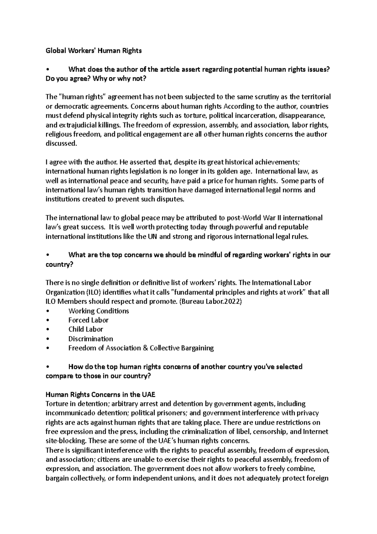Global Workers - Concerns about human rights According to the author ...