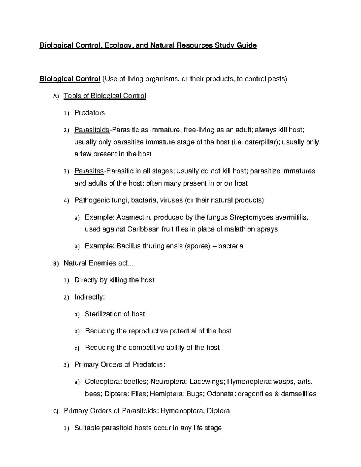 Biological Control, Ecology, and Natural Resources Study Guide ...