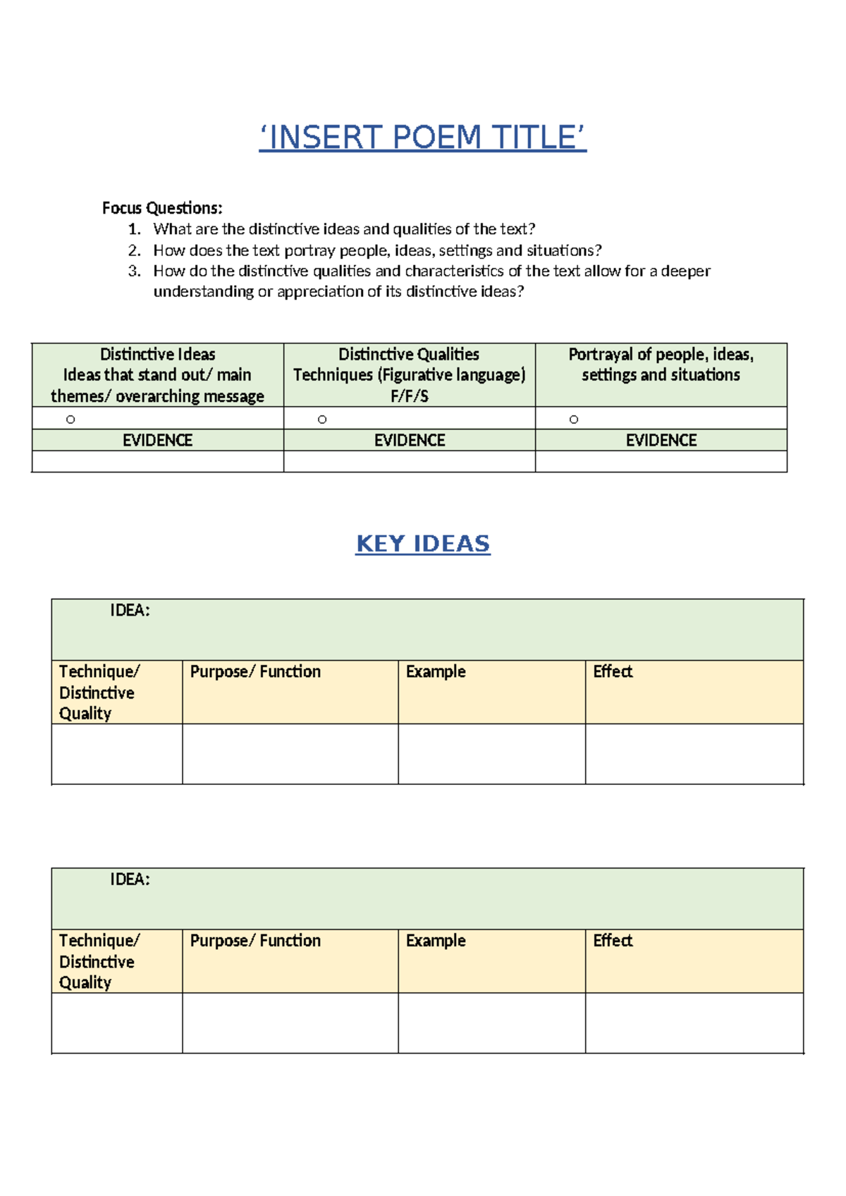 12ENS POEM Notes - ‘INSERT POEM TITLE’ Focus Questions: 1. What are the ...