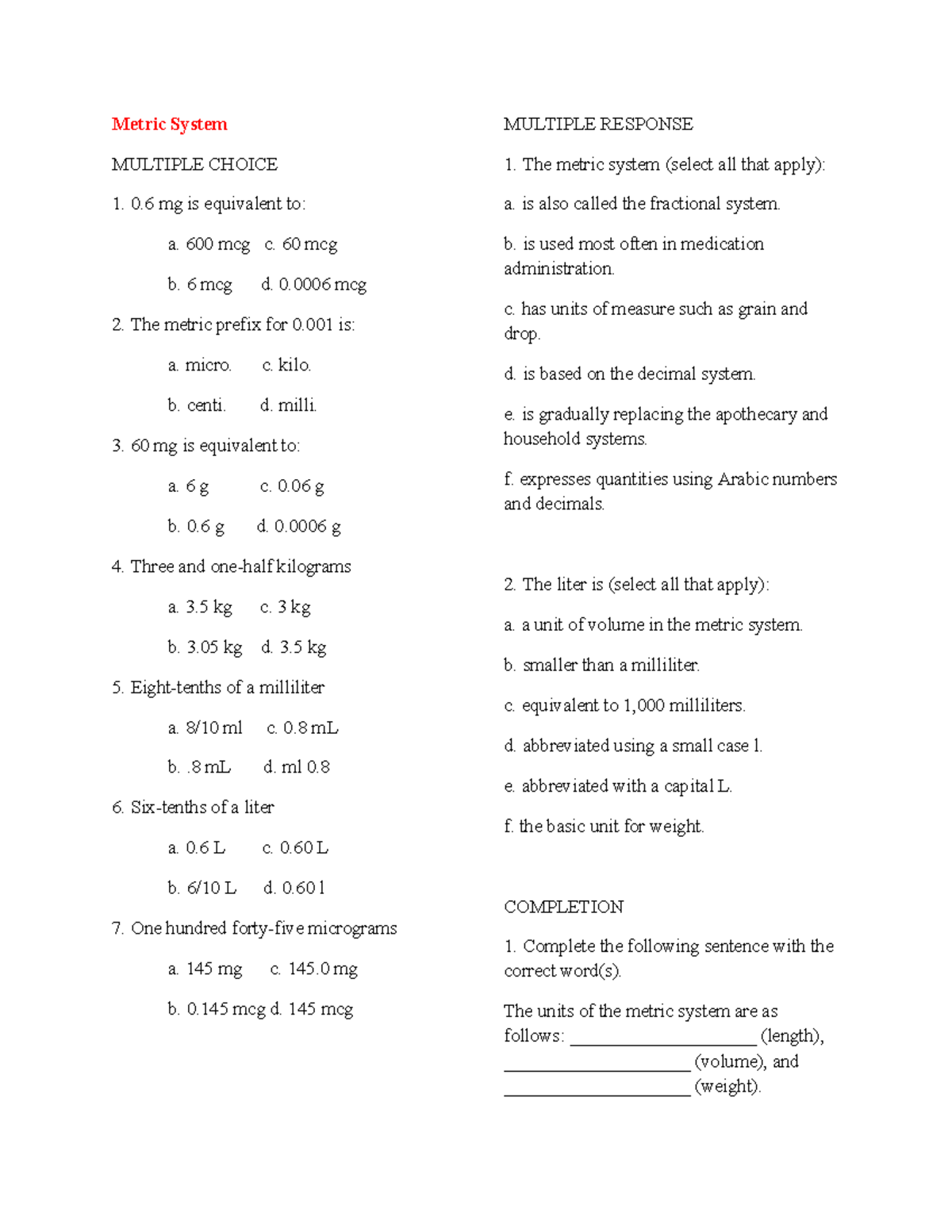 math-181-test-one-revivew-metric-system-multiple-choice-0-mg-is