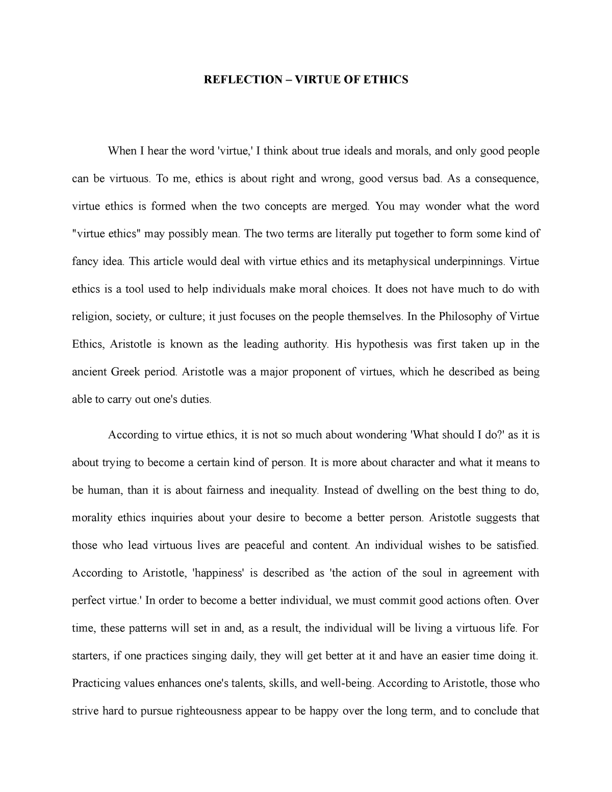 virtue ethics reflection essay