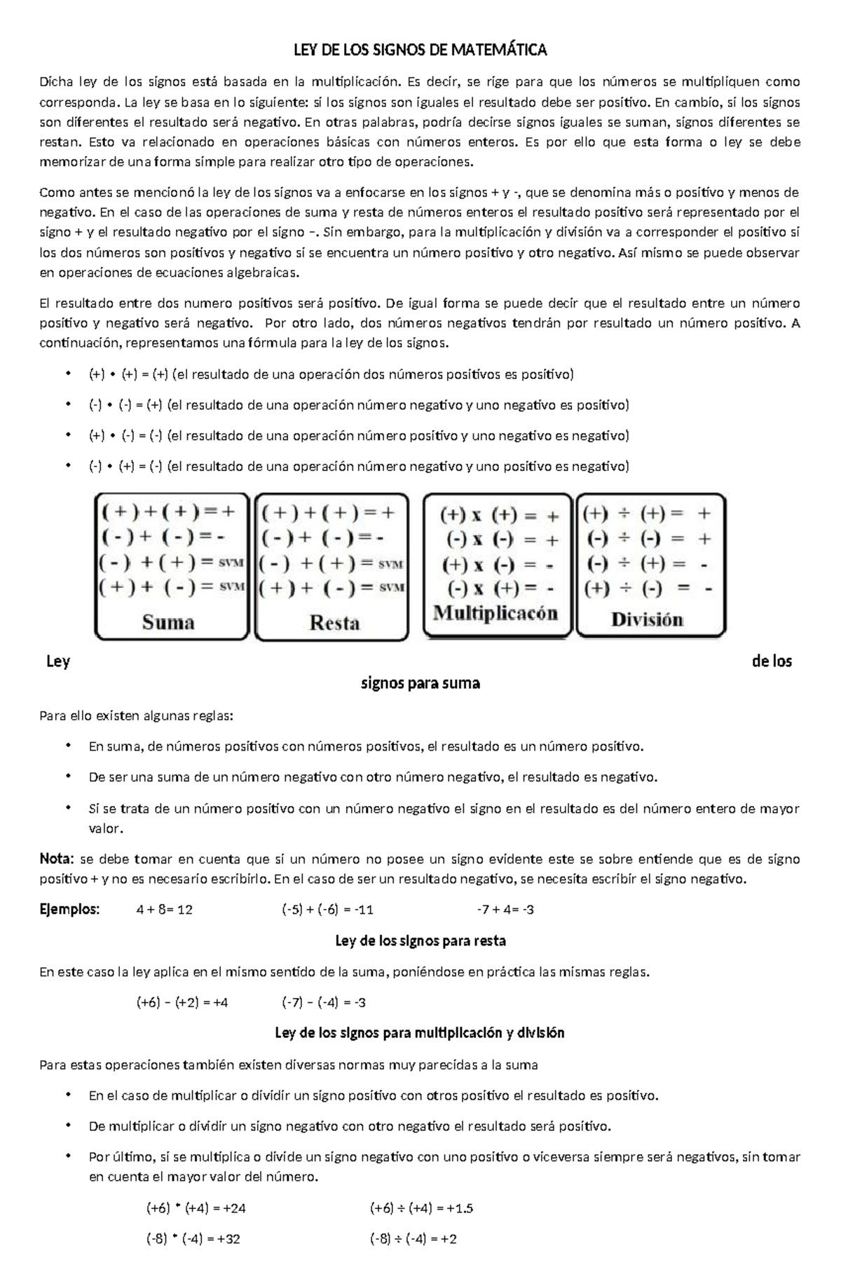 Ley de los signos de matemática - LEY DE LOS SIGNOS DE MATEMÁTICA Dicha ...