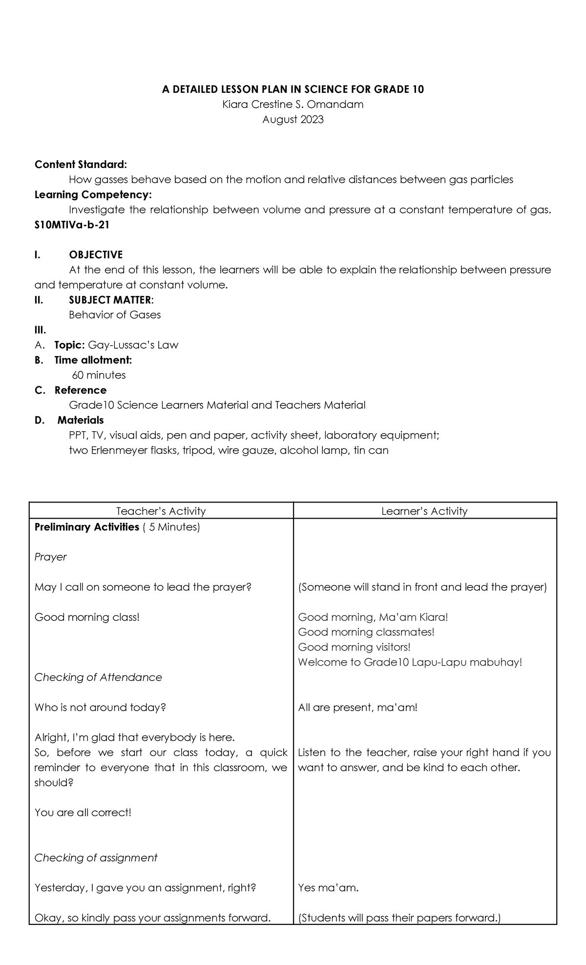 21. Gay Lussac's Omandam .docx - A DETAILED LESSON PLAN IN SCIENCE FOR ...