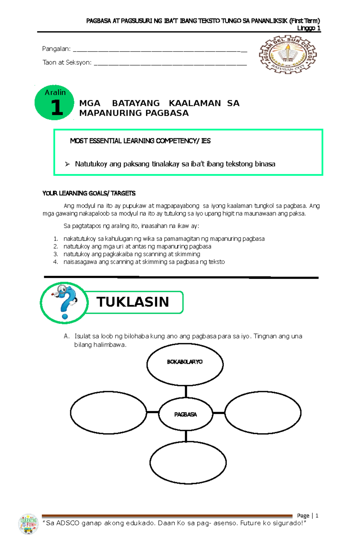 LM Week 1 Learning Module Week 1 of Filipino Linggo 1