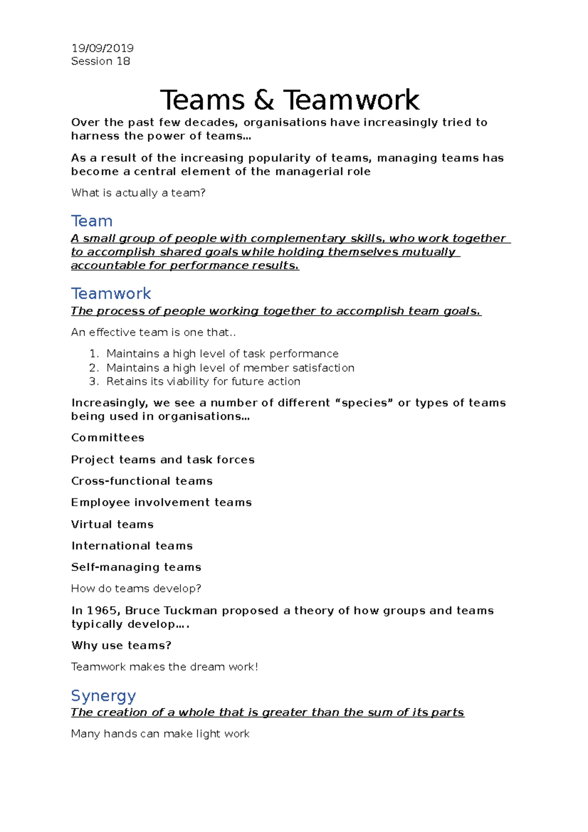 Session 18 Teams - Lecture notes 18 - 19/09/ Session 18 Teams ...