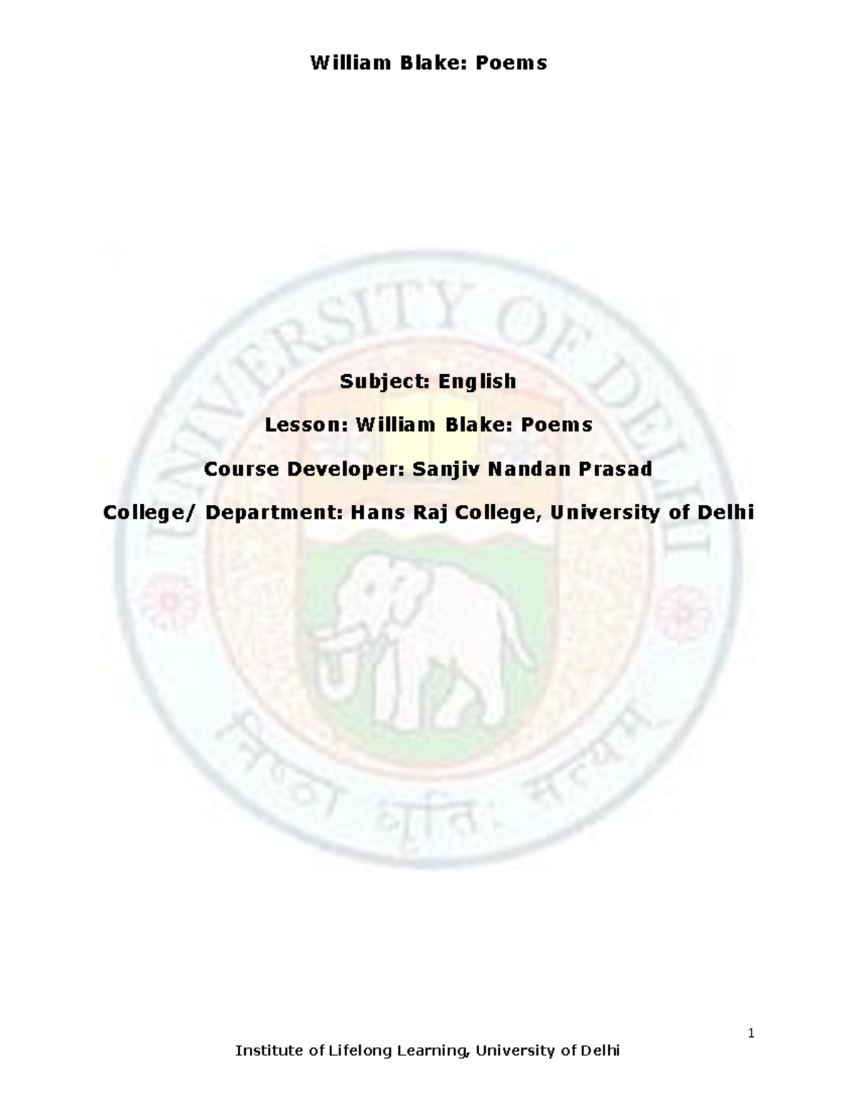 William Blake Poems - 1 Subject: English Lesson: William Blake: Poems ...