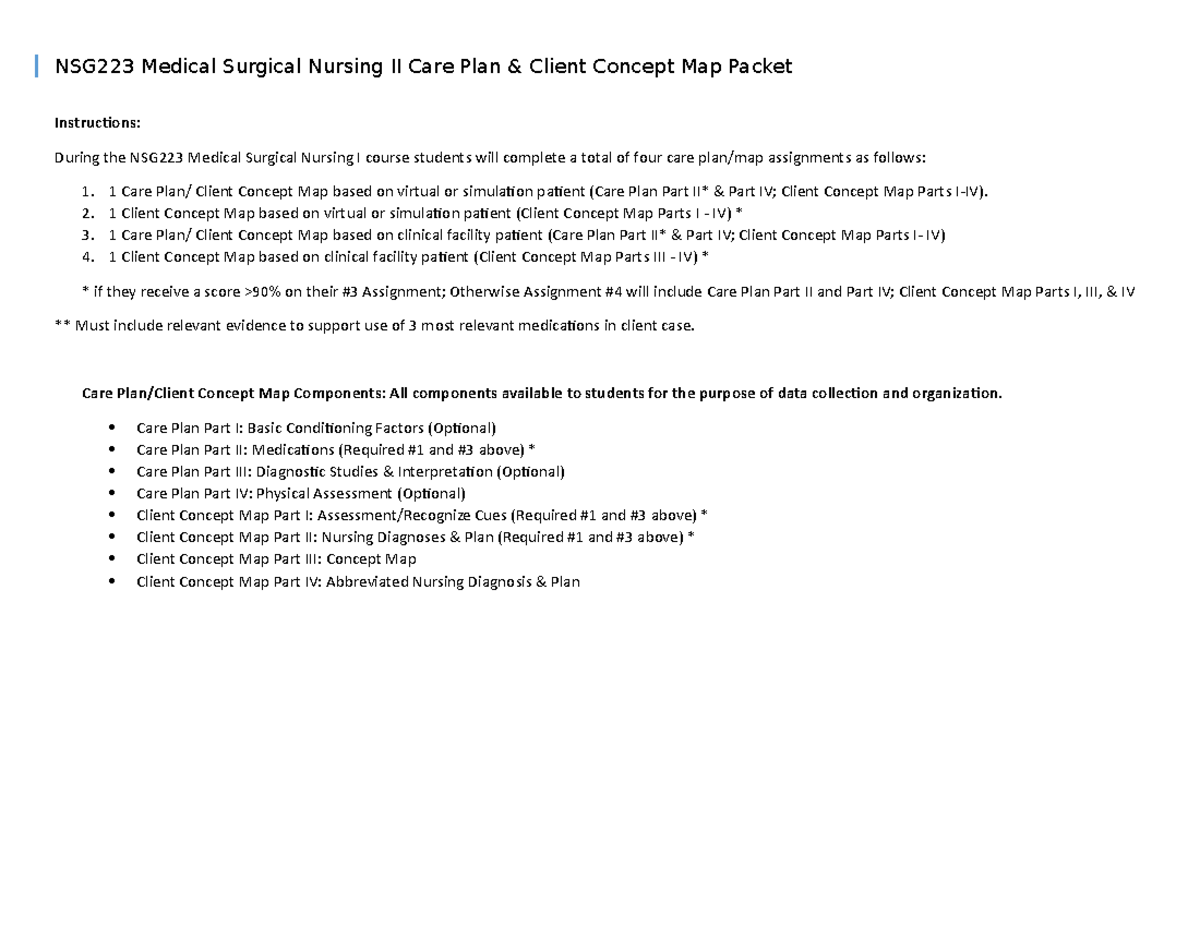 NSG 223 FALL Care Plan Client Concept Map Packet - NSG223 Medical ...