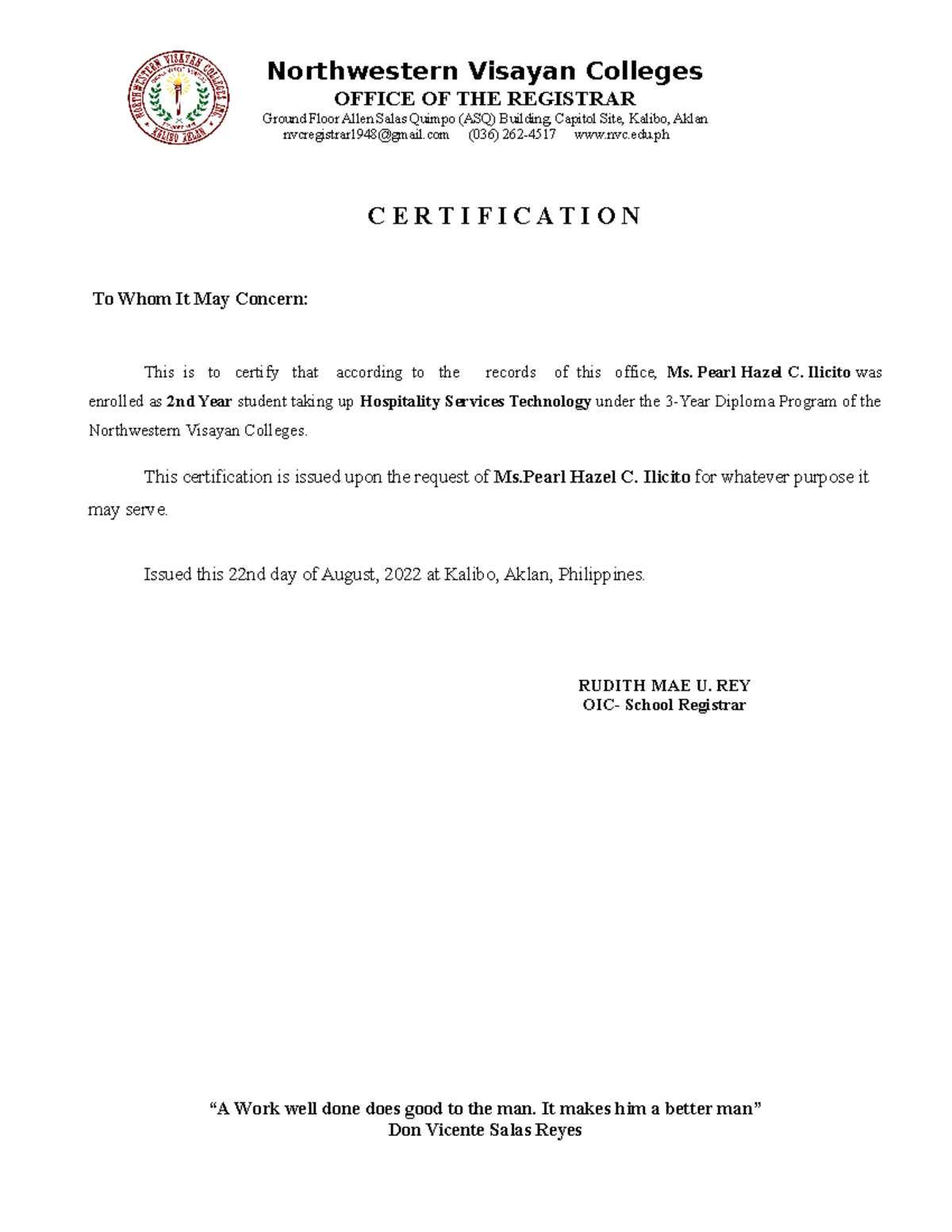 Sample 123 northwestern visayan colleges office of the registrar