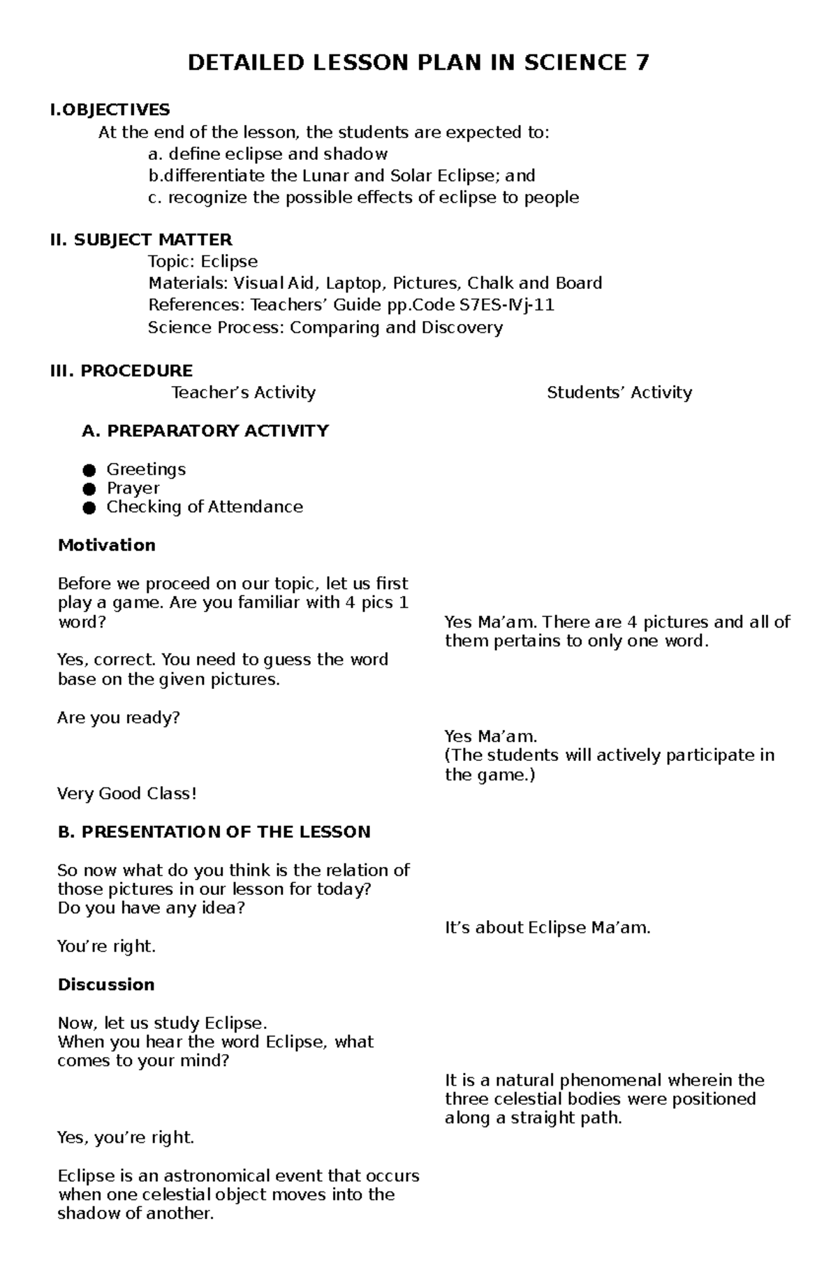 Detailed Lesson PLAN IN Science 7 - DETAILED LESSON PLAN IN SCIENCE 7 I ...