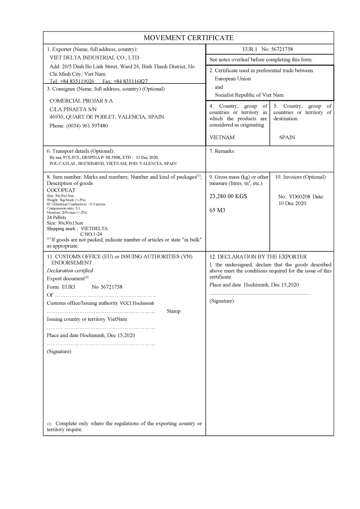 TV1 - CO EUR1 Form - Thực hành - No: VD00208 Date: 10 Dec 2020 MOVEMENT ...