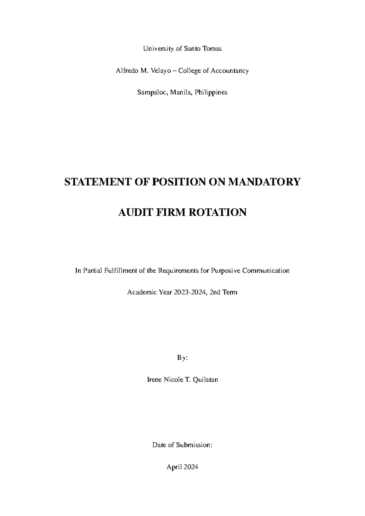Position Paper: Mandatory Audit Firm Rotation - University of Santo ...