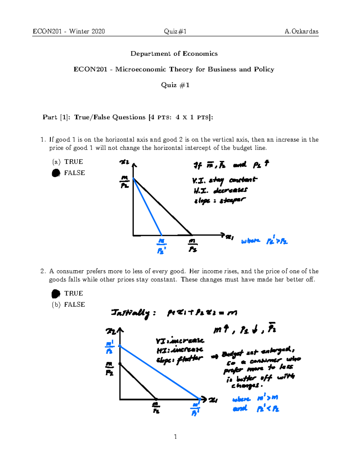 Quiz 1, Answers - Department Of Economics ECON201 - Microeconomic ...