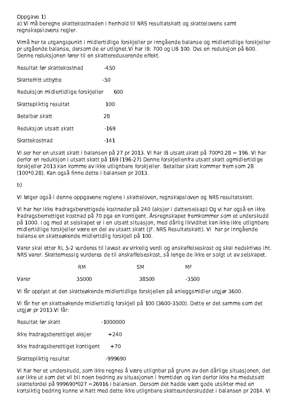 BE-317 - B Besvarelse - Oppgave 1) A) Vi Må Beregne Skattekostnaden I ...