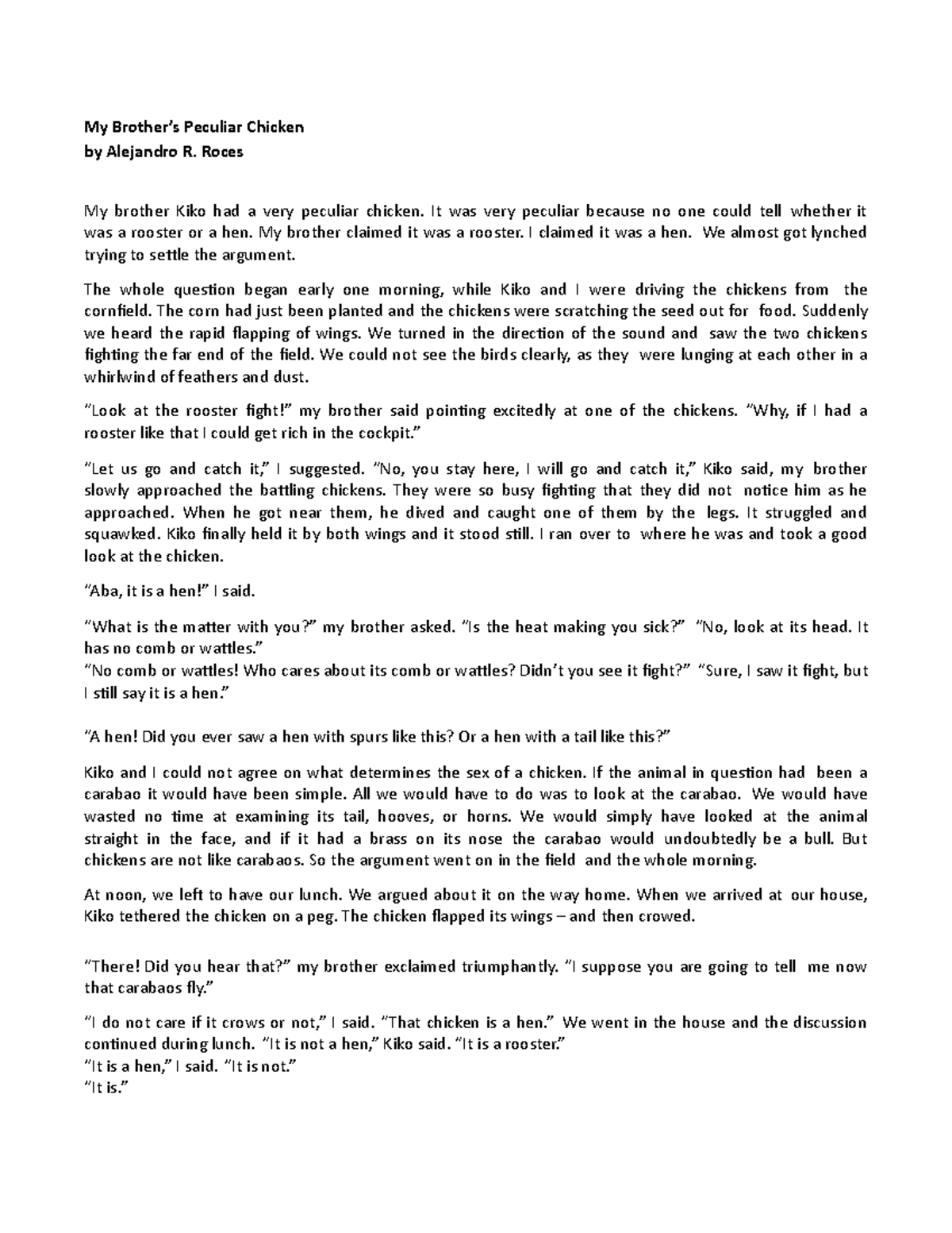 Reading Text 2 My Brothers Peculiar Chicken My Brother’s Peculiar