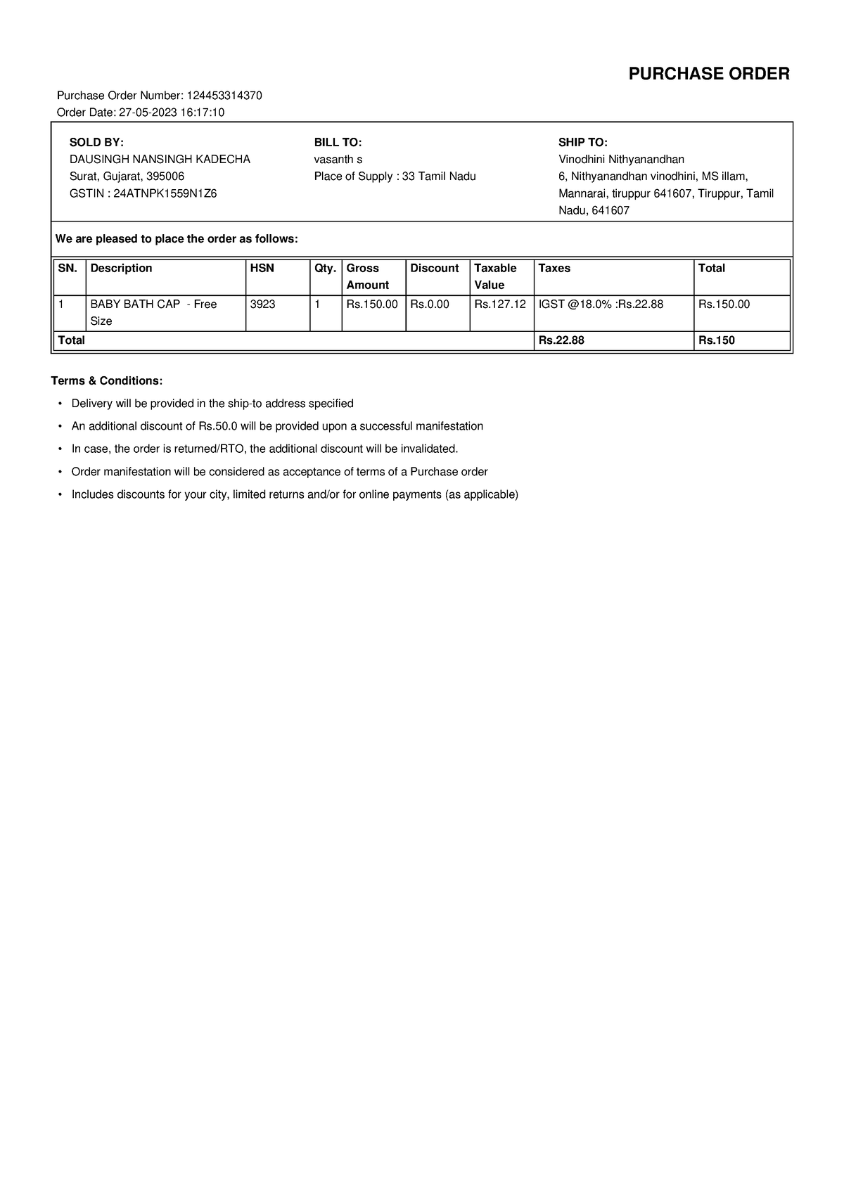 Ms purchase order 124453314370 1 - Terms & Conditions: Delivery will be ...