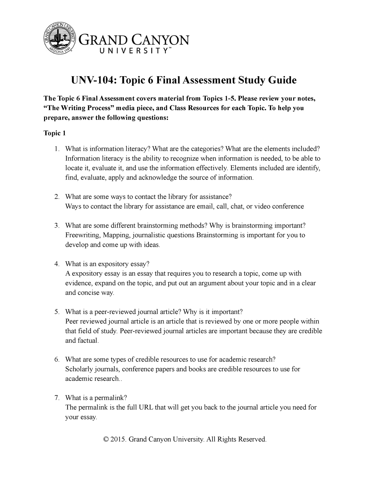 UNV- 104 Final Quiz English Assessment Liberty University answers