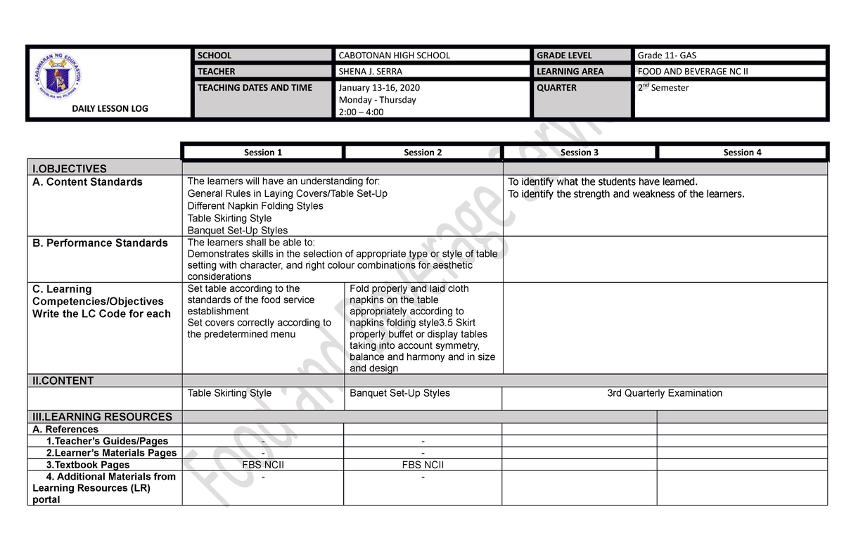 FBS DLL JAN 13-17 - FBS DLL - DAILY LESSON LOG SCHOOL CABOTONAN HIGH ...