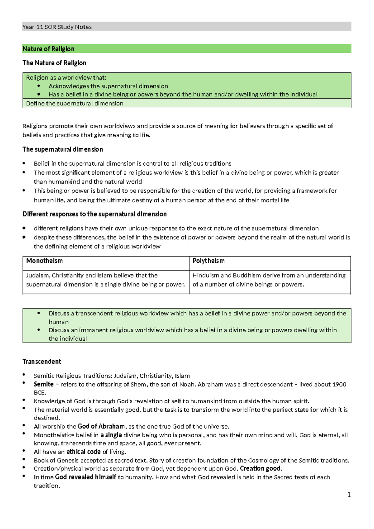YR 11 SOR 2 Unit Study Notes - Nature of Religion The Nature of ...