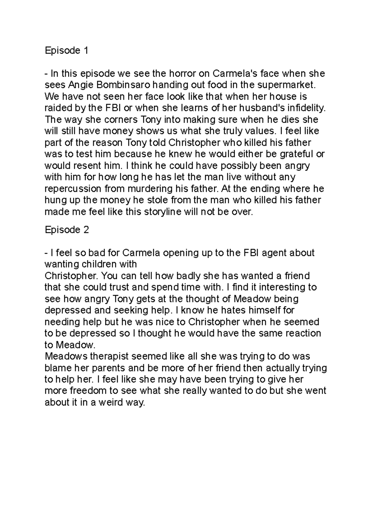 Sopranos Last Epsiode Reflection Notes 1 Episode 1 In this episode