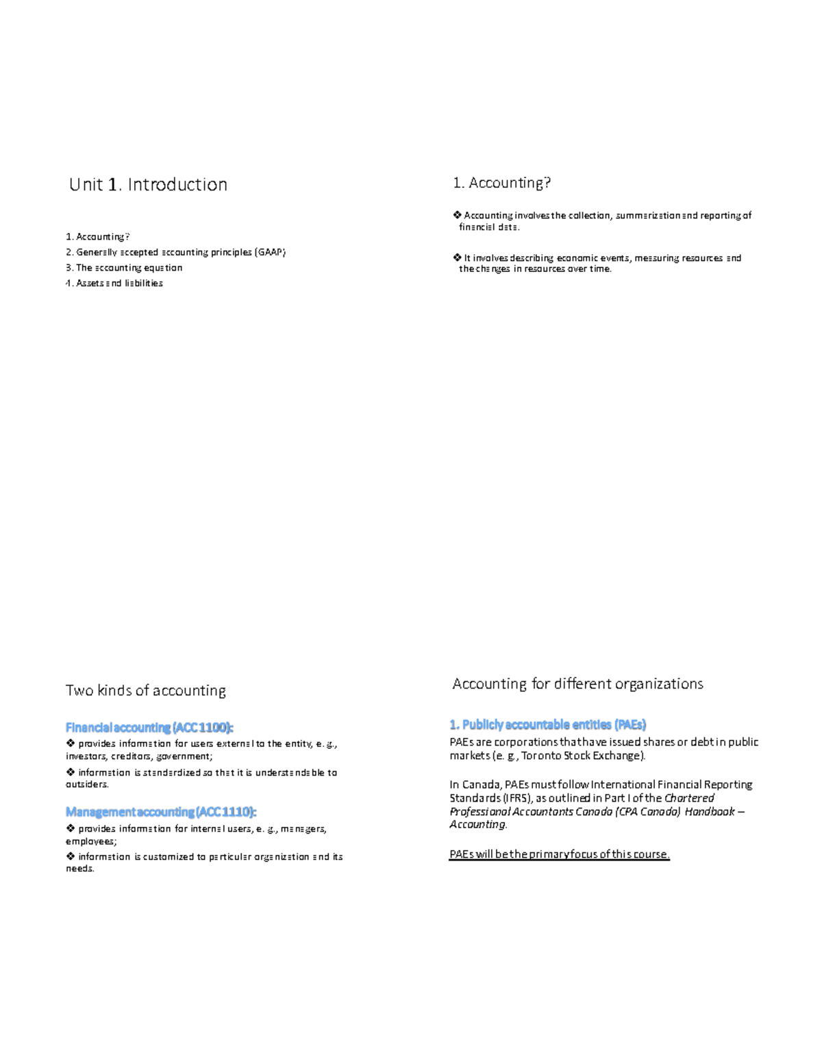 Lecture notes, lectures 1 - 3 - Unit 1. Introduction Accounting ...
