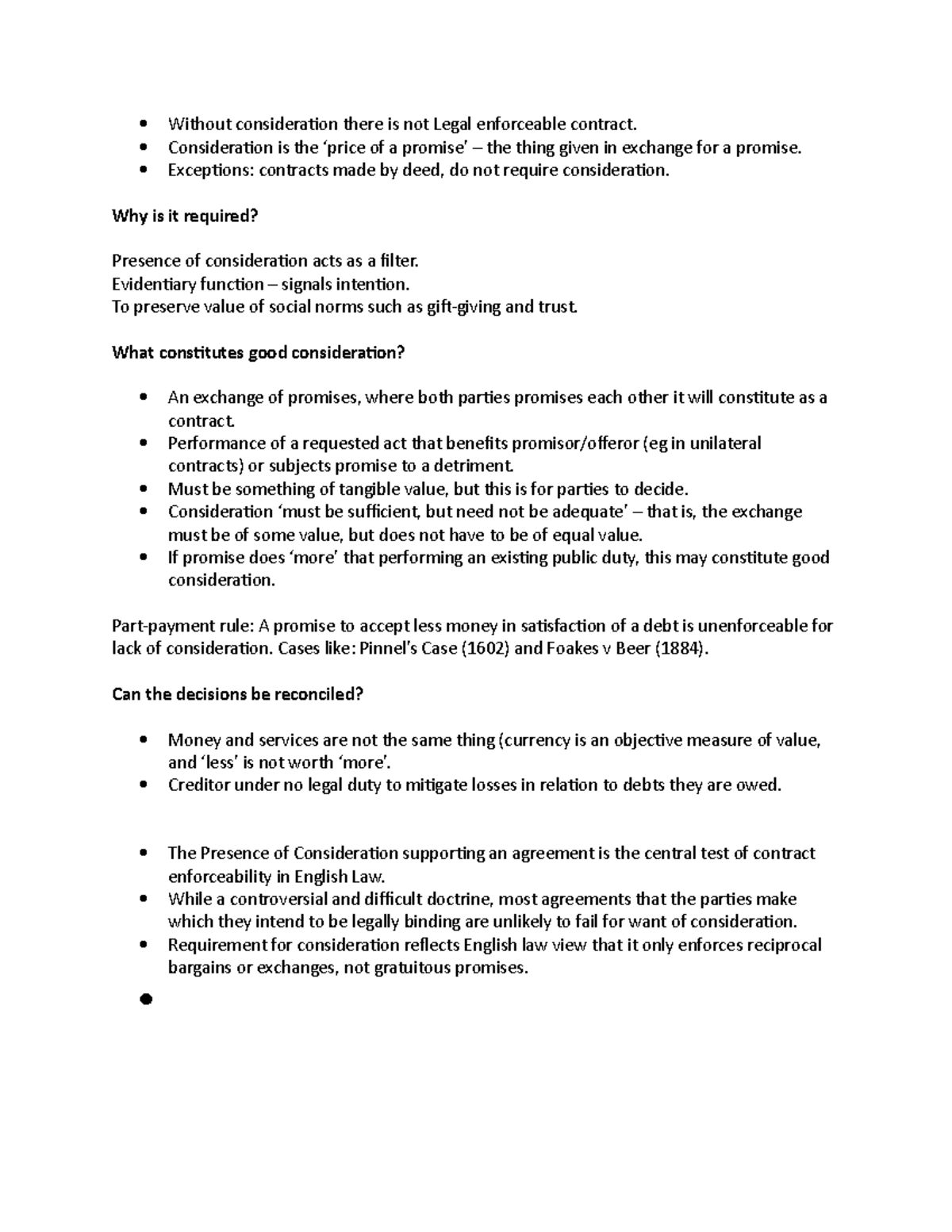 Notes - adadf - Without consideration there is not Legal enforceable ...