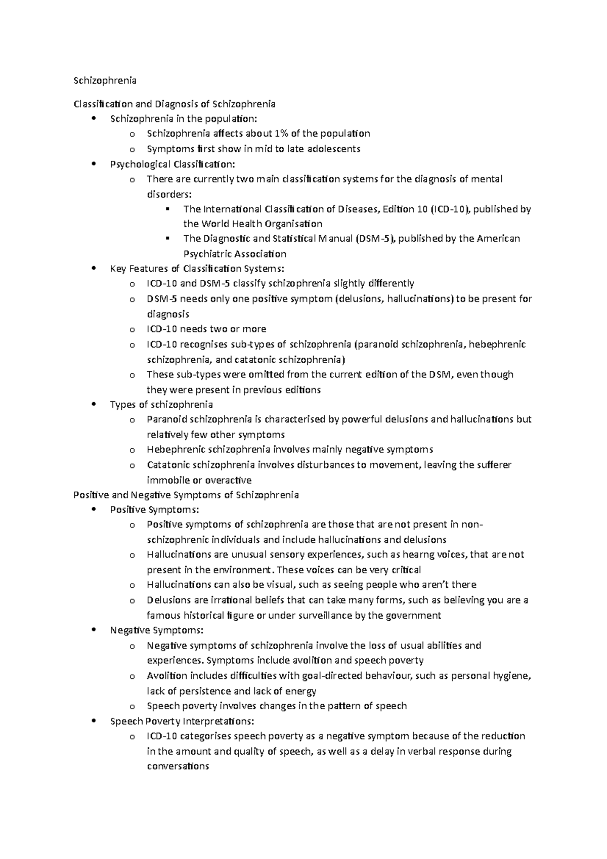 Schizophrenia - notes - Schizophrenia Classification and Diagnosis of ...