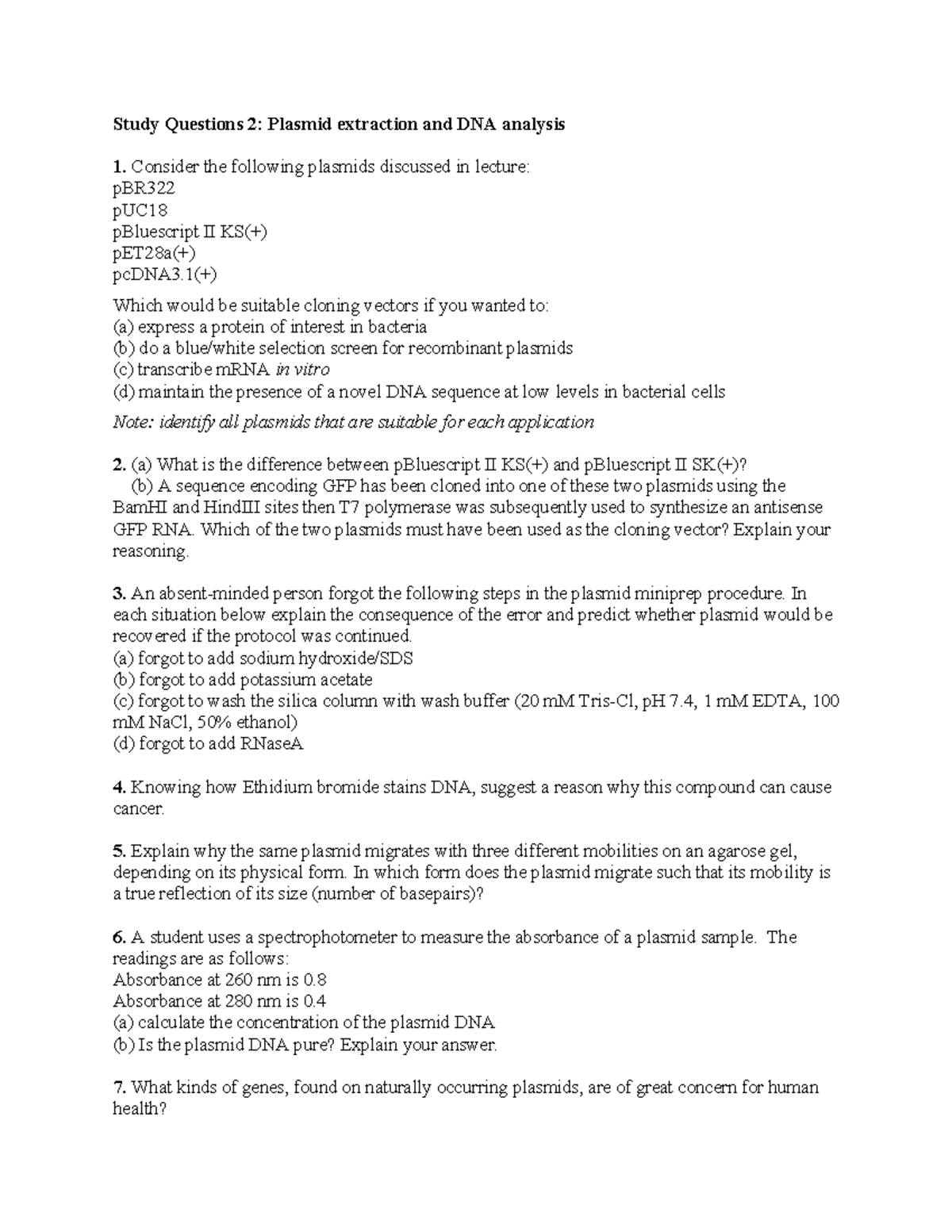 Study Questions 2 Plasmids, extraction & analysis - Study Questions 2 ...
