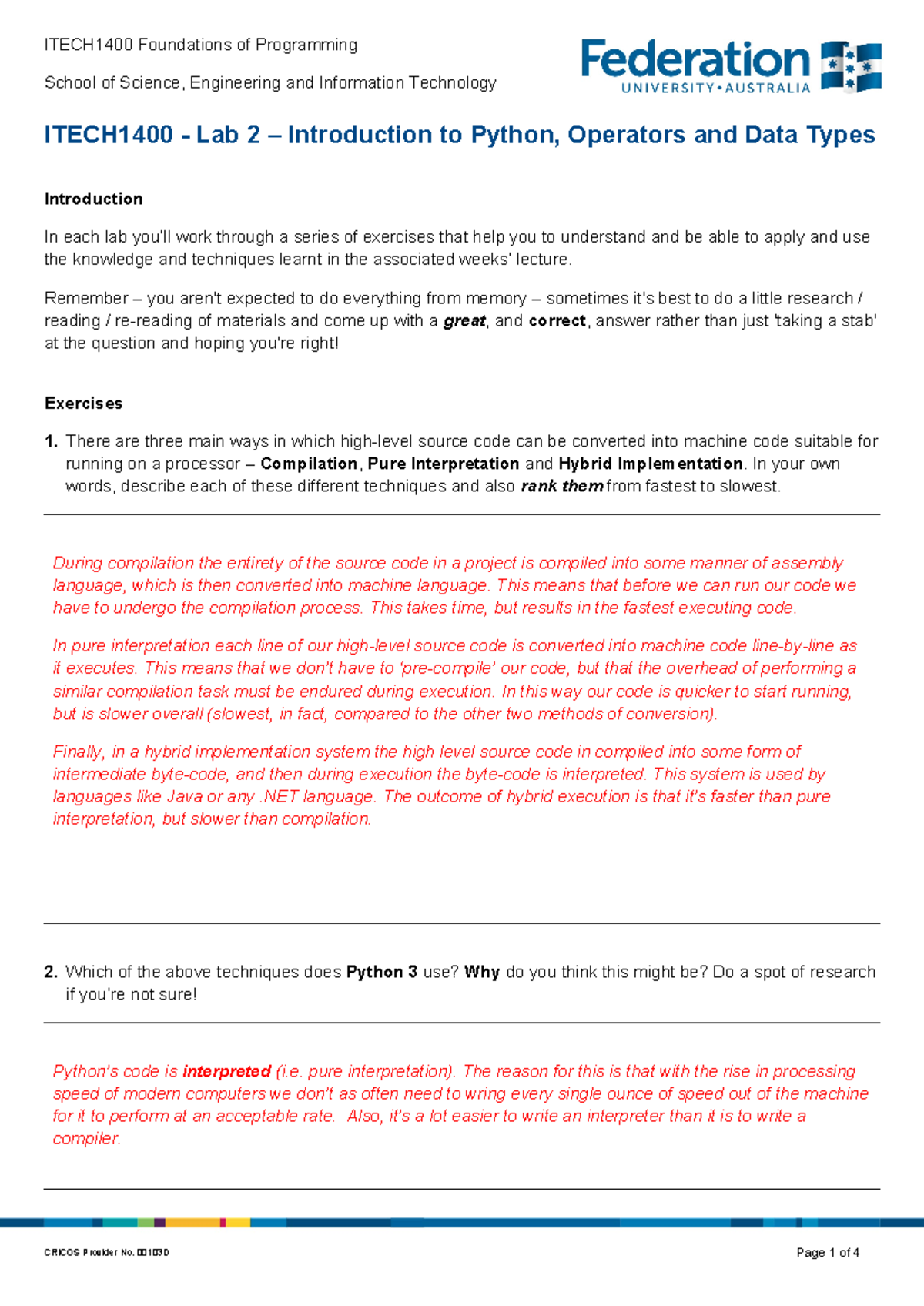 Lab 02 - Introduction to Python, Operators and Data Types - Answers ...