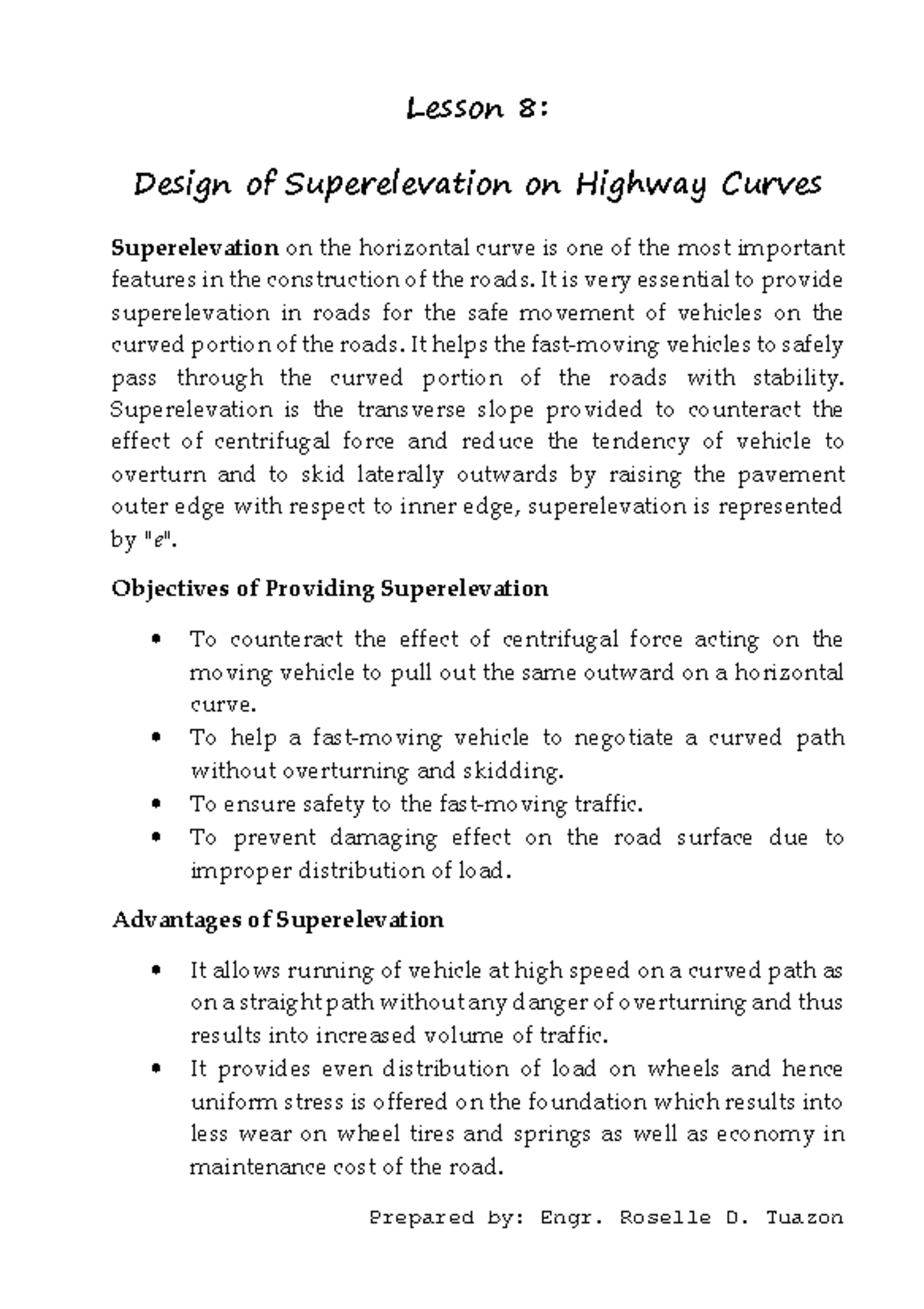 CIE 128 - Lesson 8-9 - DONE - Lesson 8: Design Of Superelevation On ...