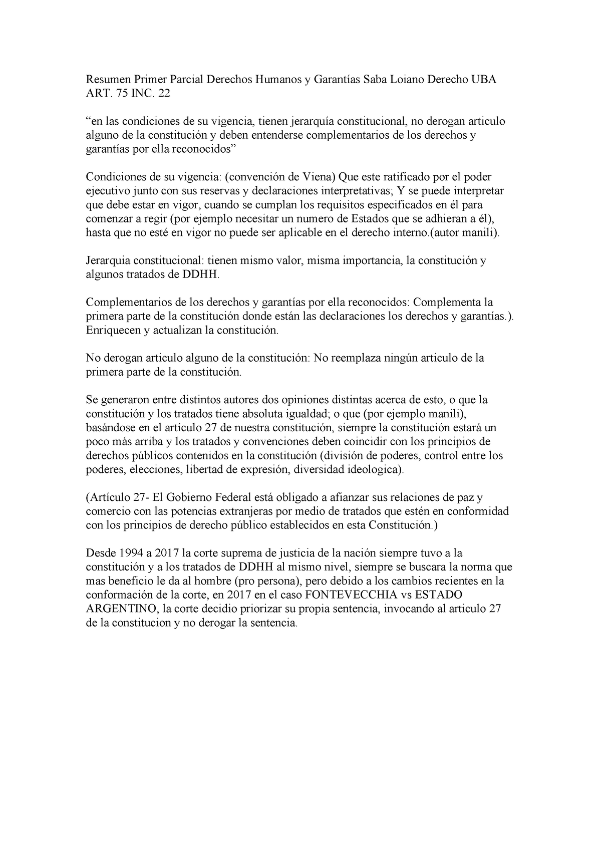 Resumen Primer Parcial Derechos Humanos Y Garantías Saba Loiano Derecho ...