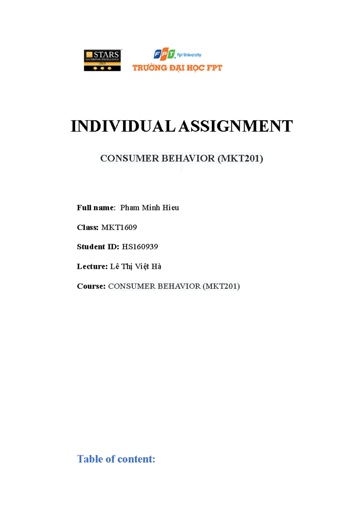 Individual MKT201 PHAM MINH Hieu - INDIVIDUAL ASSIGNMENT CONSUMER ...