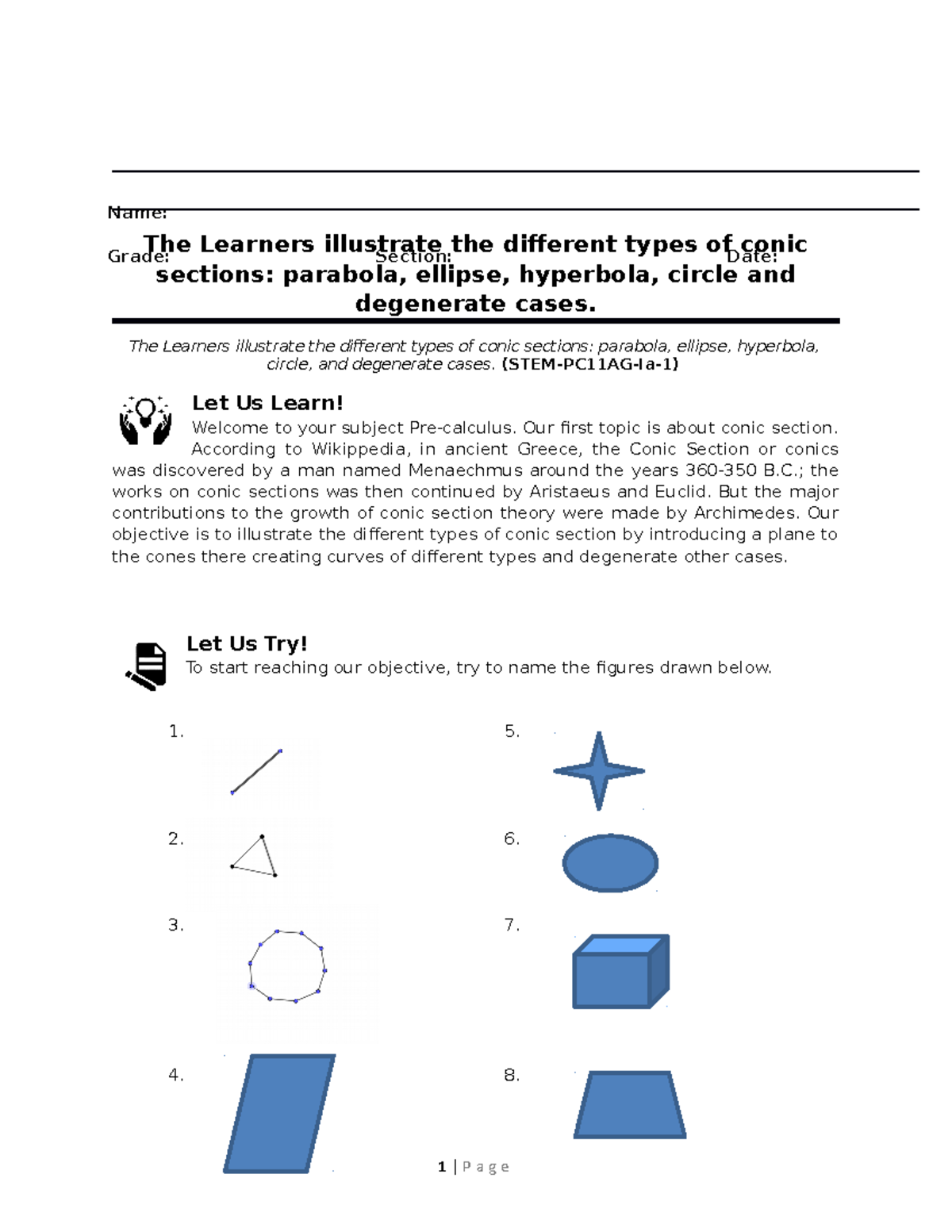 Activity.week 1a-Conics - The Learners illustrate the different types ...