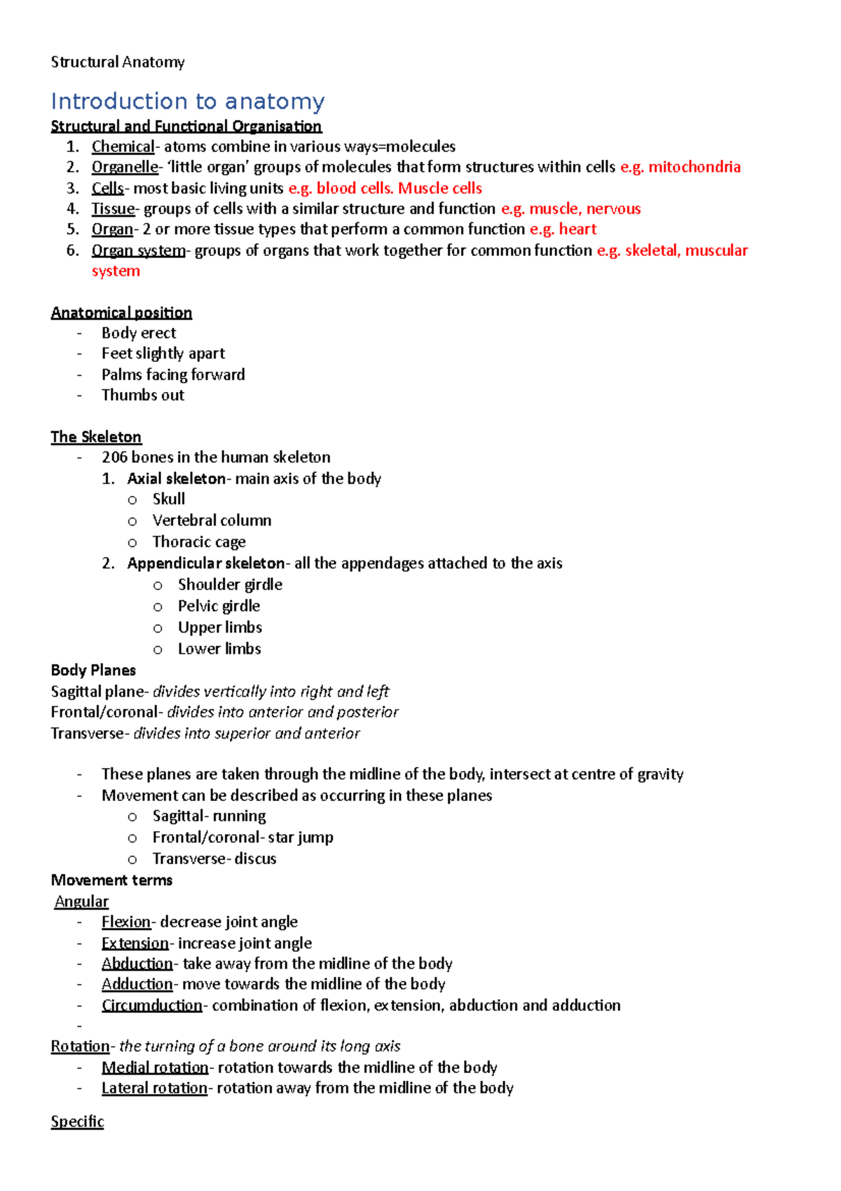 Structural Anatomy- lecture notes - Structural Anatomy Introduction to  anatomy Structural and - StuDocu