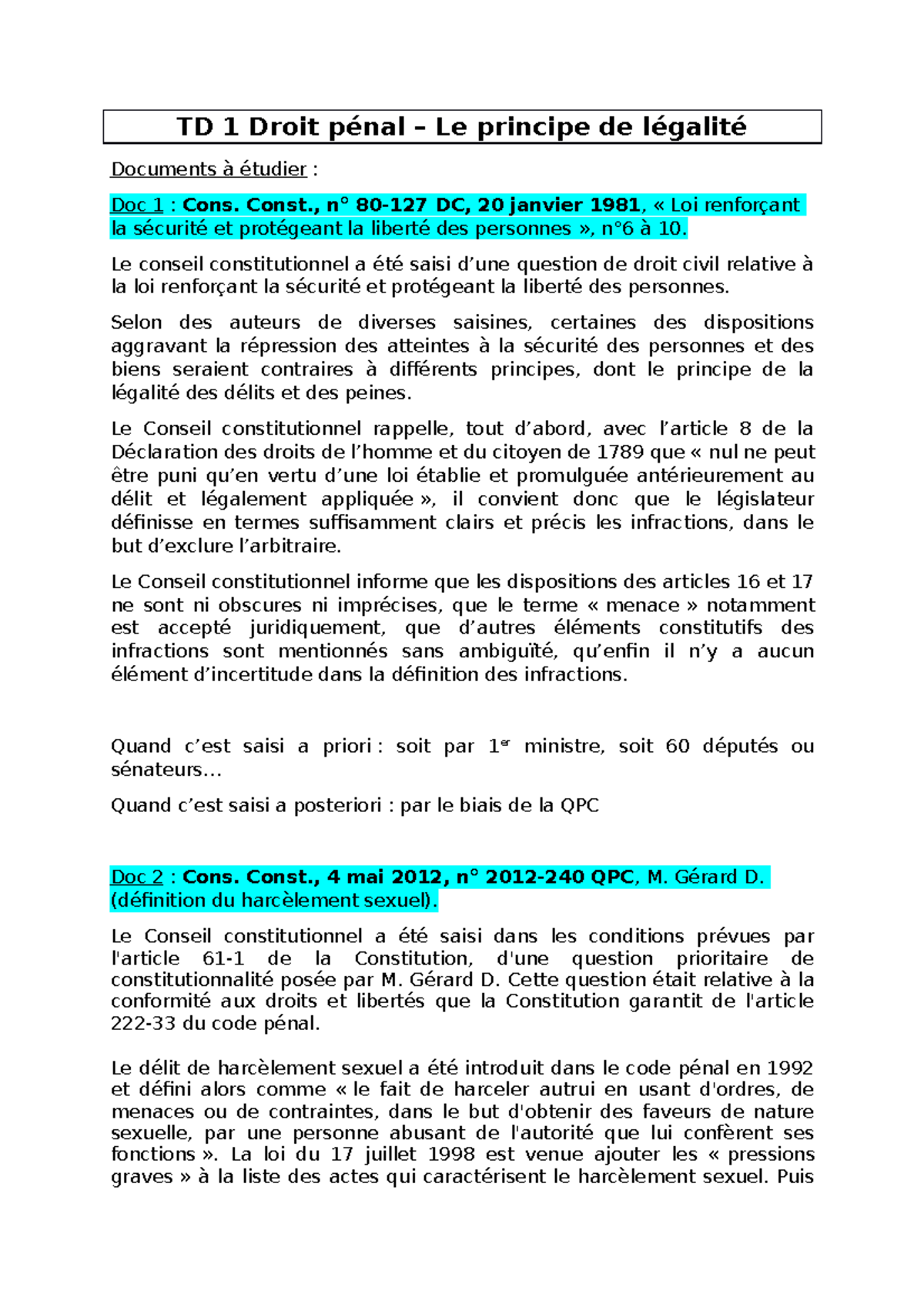 TD 1 Droit pénal (documents) TD 1 Droit pénal Le principe de légalité Documents à étudier