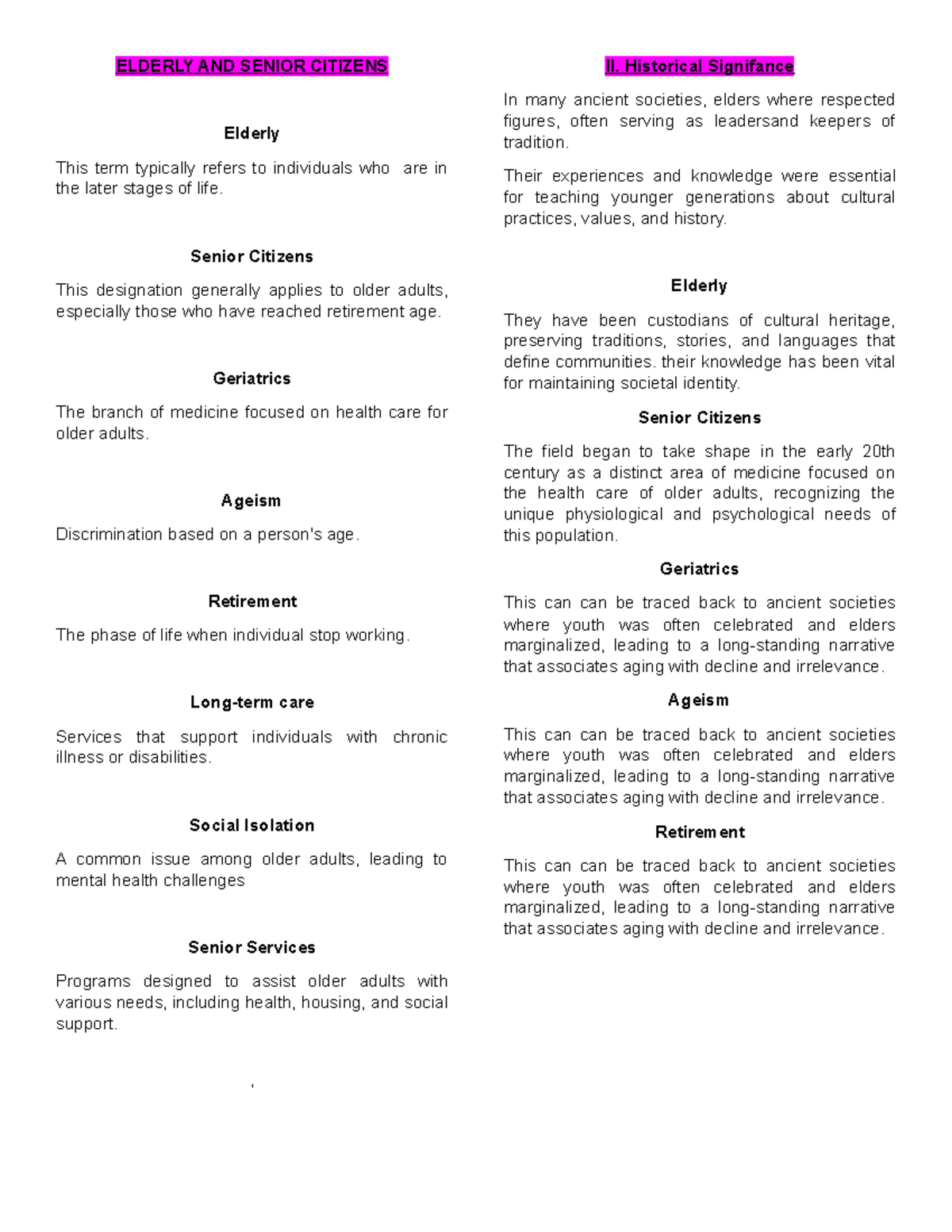 Elderly AND Senior Citizens handout sw 103 - ELDERLY AND SENIOR ...